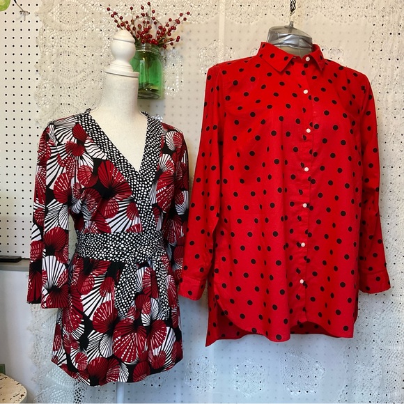 Crown & Ivy Women’s 2X Curvy Red/Black Dots Blouse NWT Tunic Length Long Sleeves - Picture 10 of 10